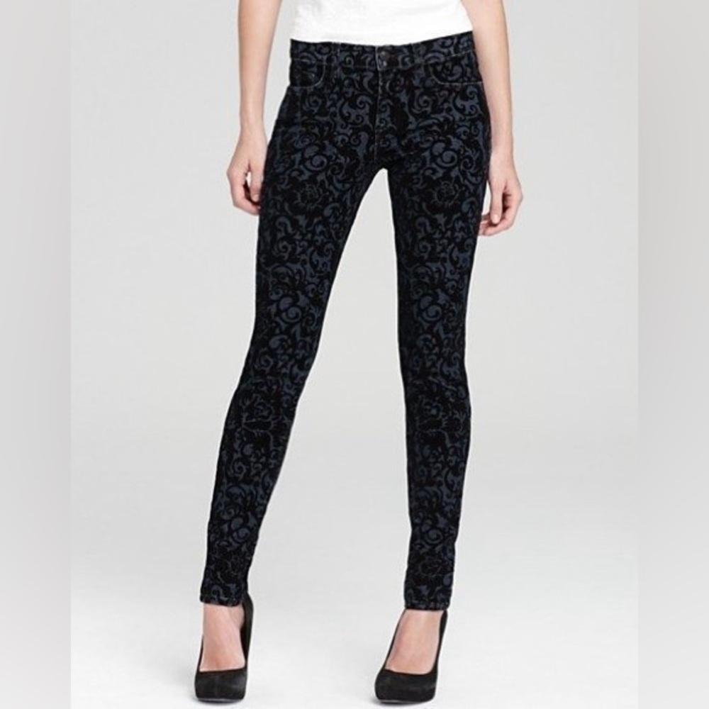 J Brand “The Skinny” in Black Velvet Brocade Stovepipe Jeans - Picture 2 of 10